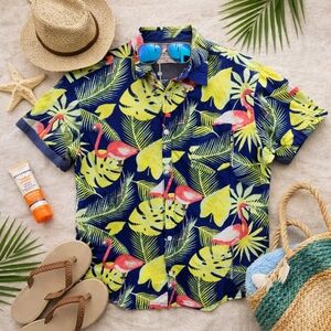 NWT DITCH PLAINS Pink Flamingo Tropical Short Sleeve Hawaiian Shirt. Mens Large